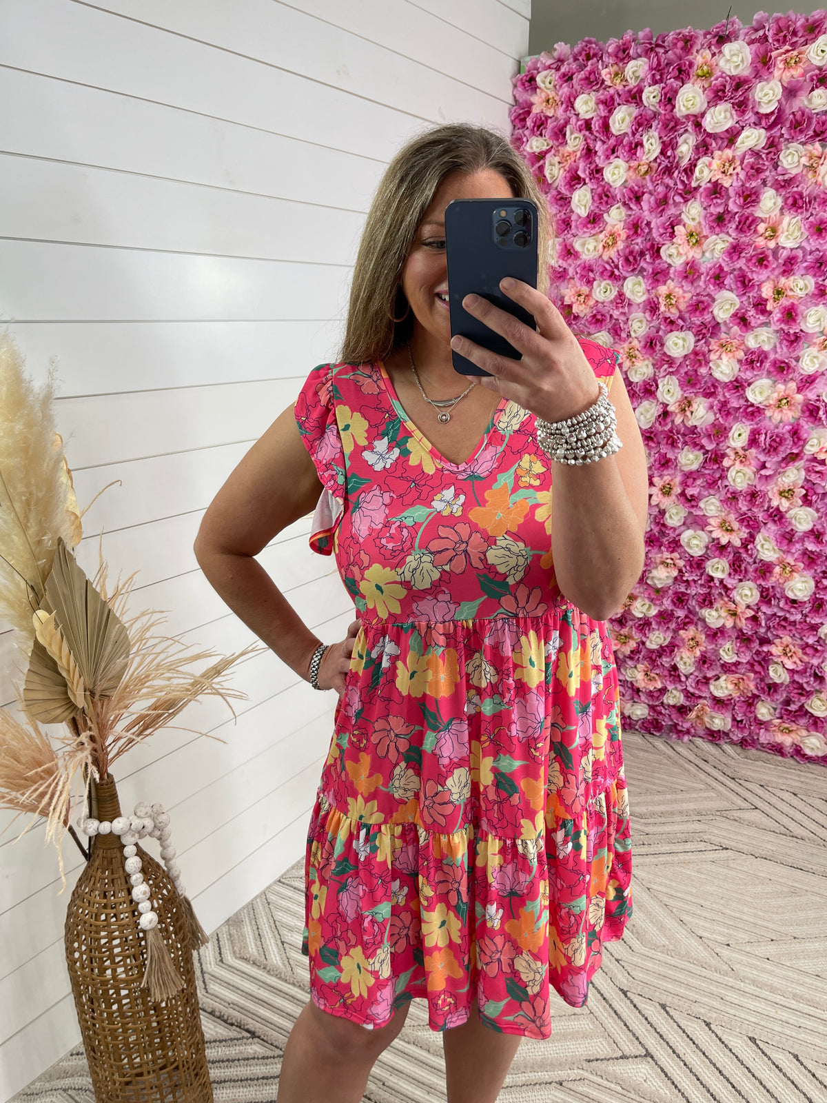 HOT PINK FLORAL TIERED DRESS W/ RUFFLE SLEEVES