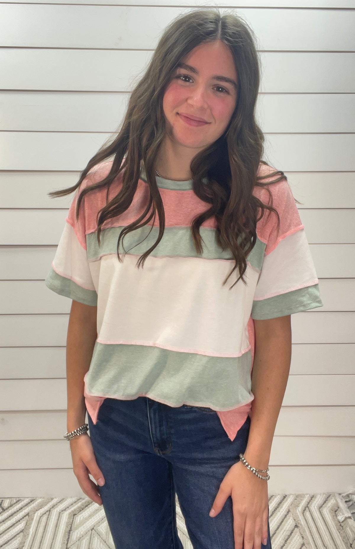 SAGE/CORAL/WHITE COLORBLOCK KNIT TOP