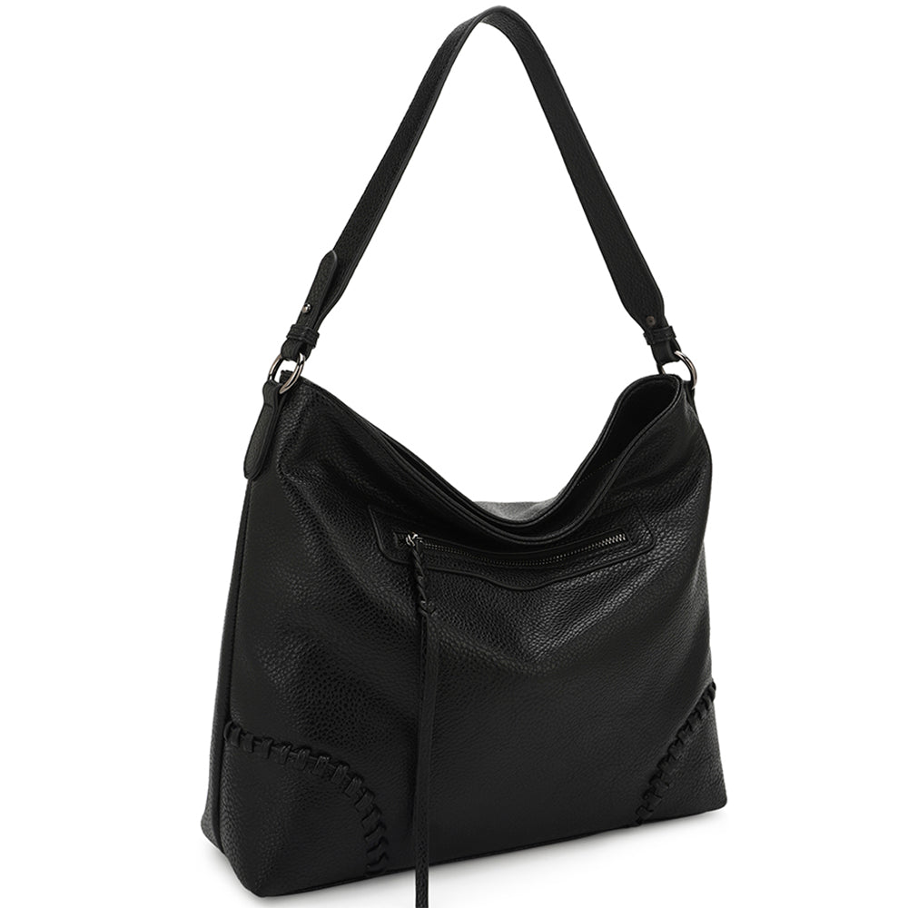 BLACK PLAIN ZIPPER SHOULDER BOHO BAG
