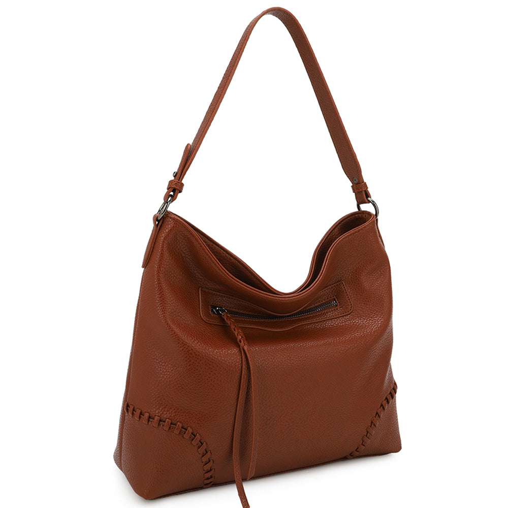 BROWN PLAIN ZIPPER SHOULDER BOHO BAG