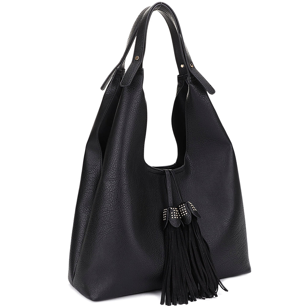 BLACK SMOOTH TASSEL SHOULDER BOHO BAG