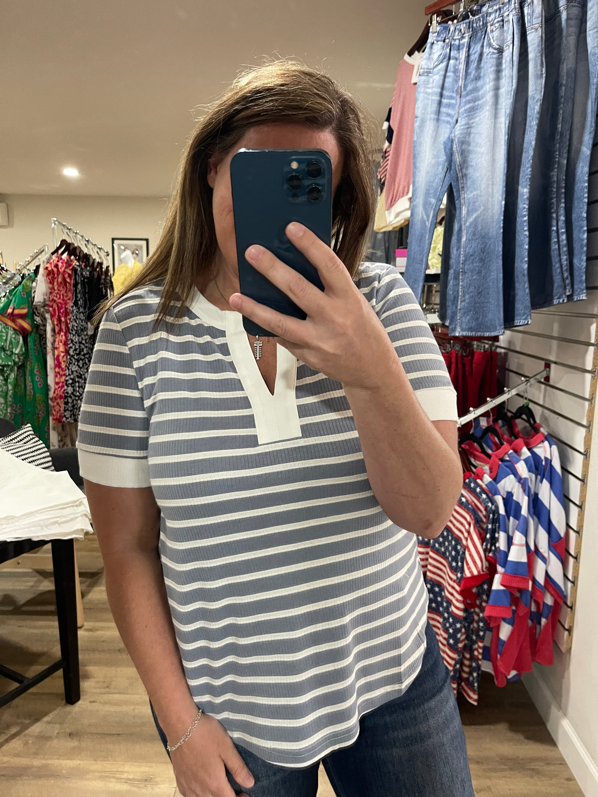 STEEL BLUE STRIPED V NECK KNIT TOP