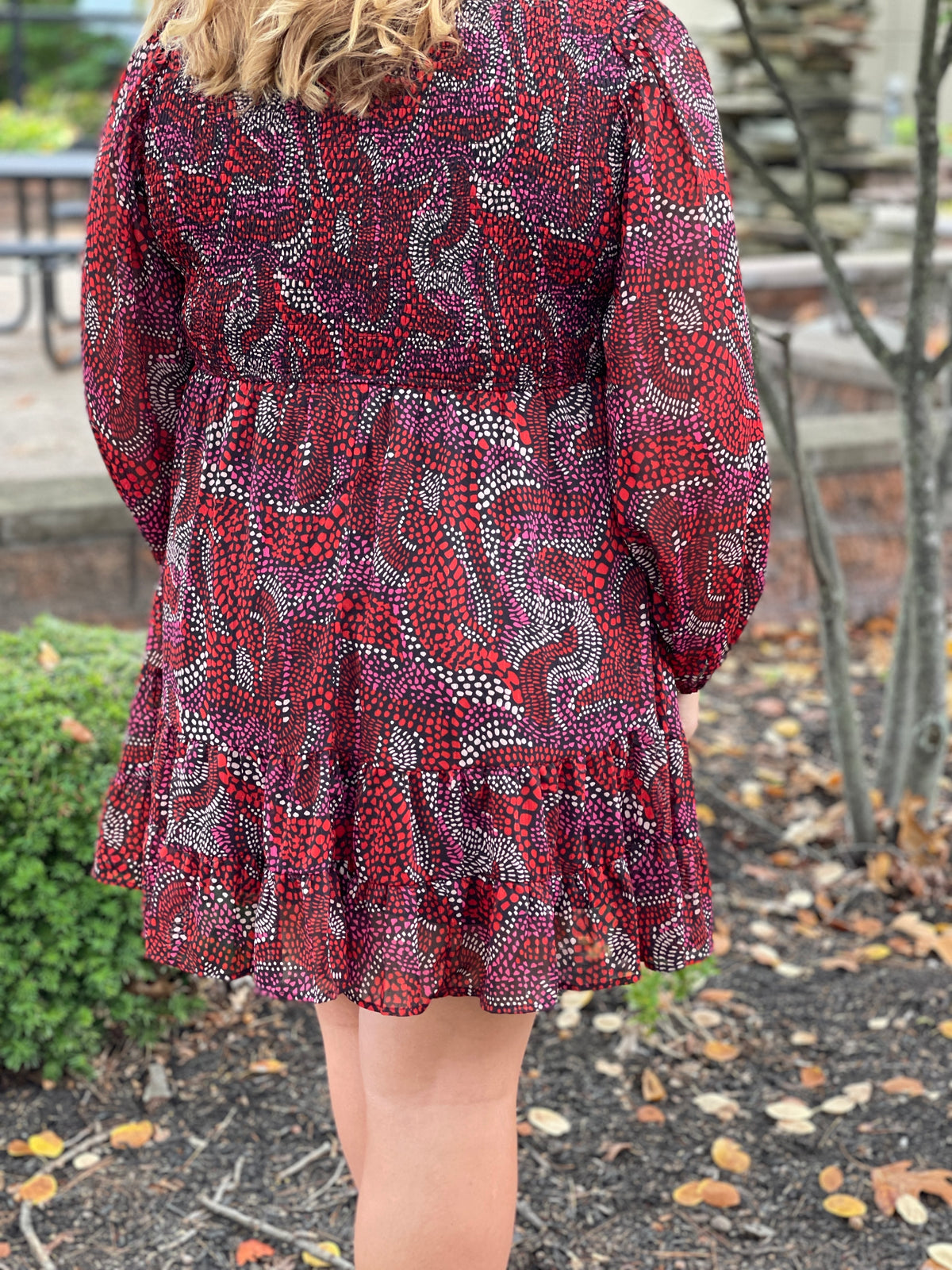RED MIXED PRINTED SMOCKED TOP DRESS