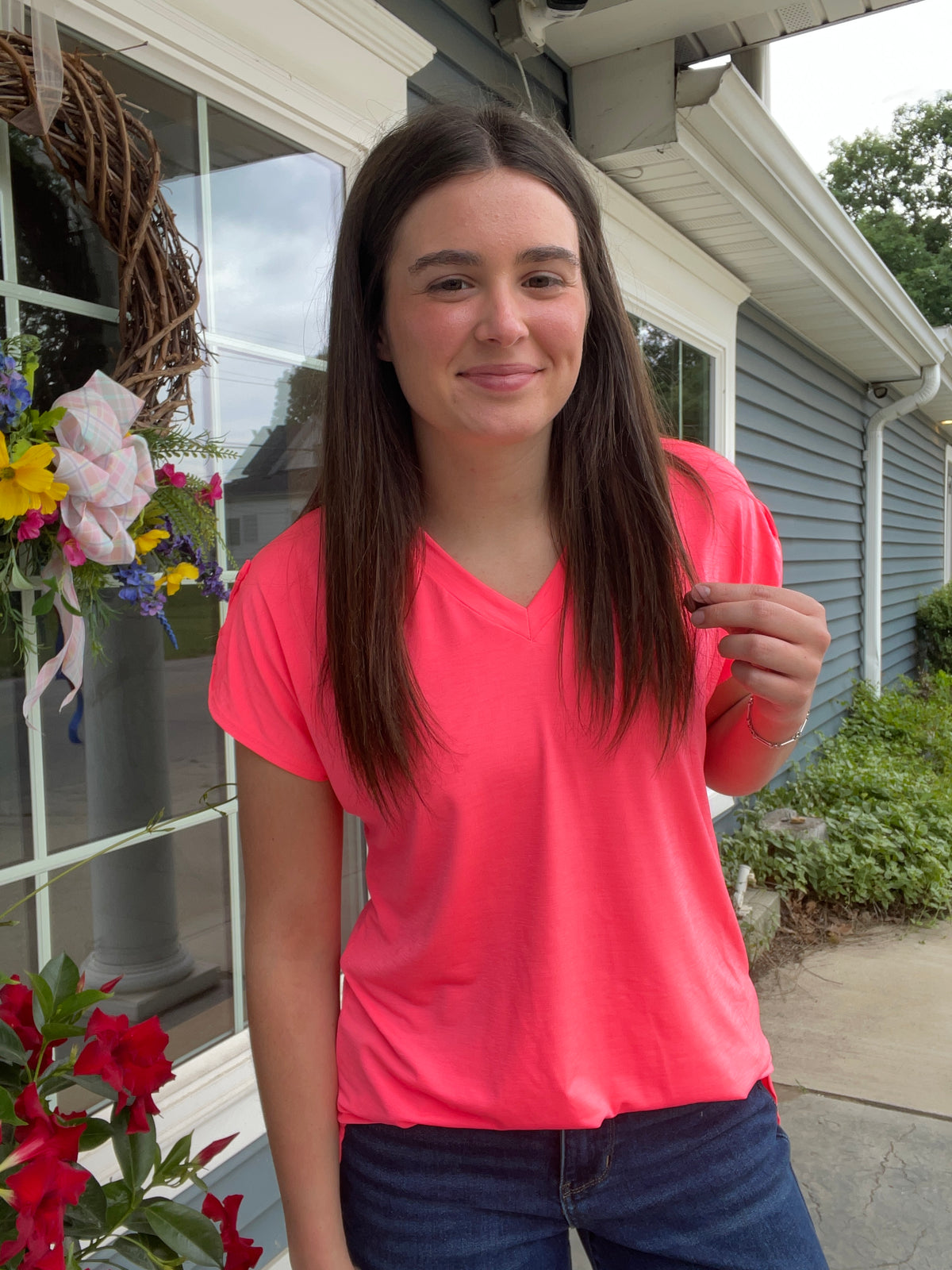 NEON PINK BUTTON SLEEVE SHORT SLEEVE TOP