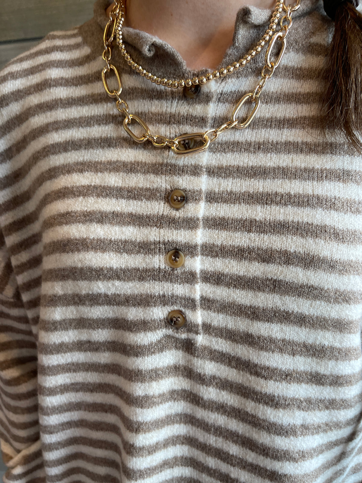 MOCHA/CREAM STRIPED ROLLED EDGE HENLEY RELAXED PULLOVER SWEATER