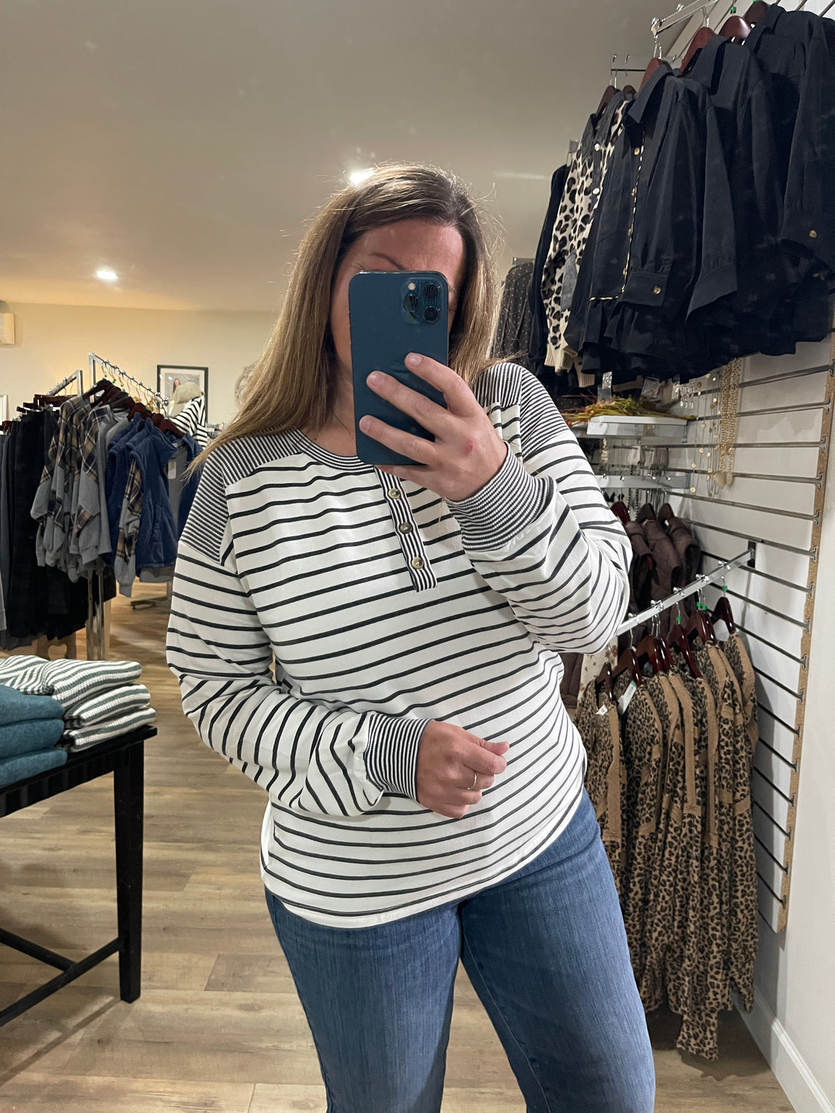 Ivory/Charcoal Half Button Long Sleeve Stripe Mixed Terry Top