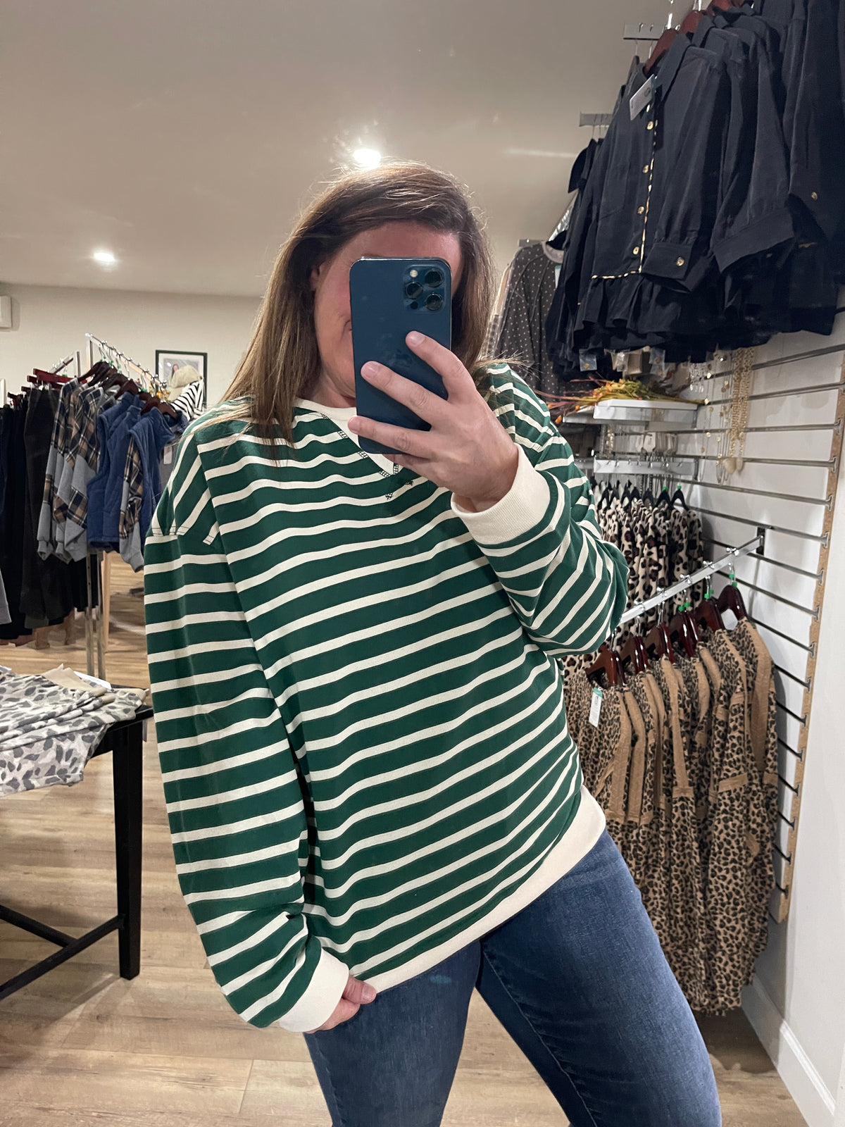 GREEN/CREAM STRIPED LONG SLEEVE KNIT TOP