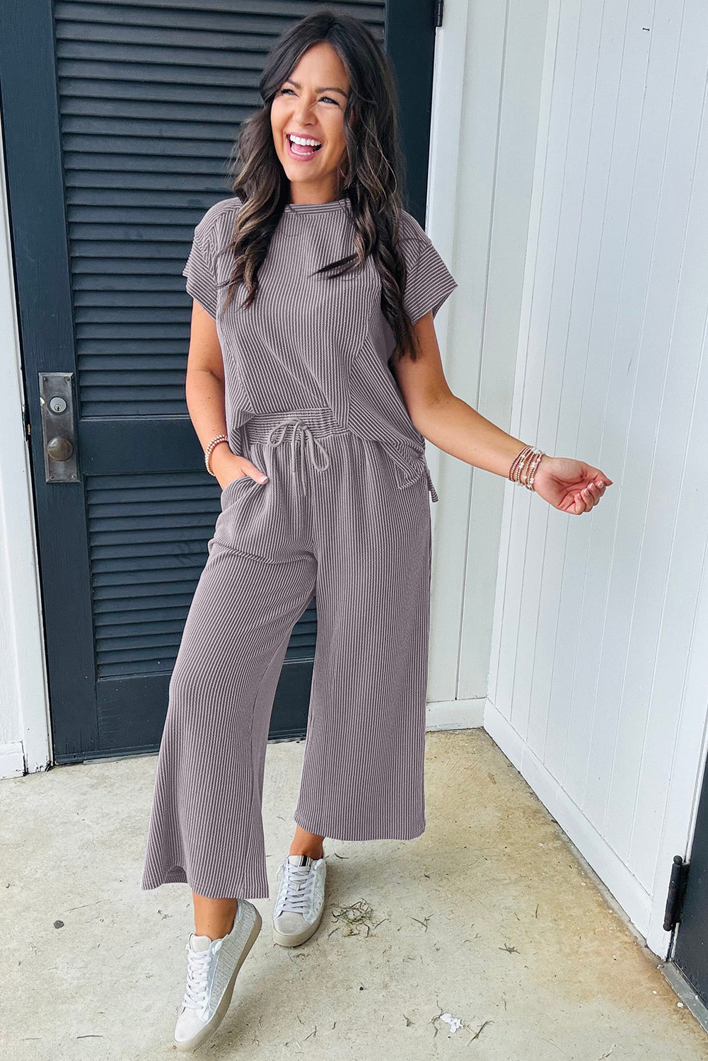 GREY RAISED RIBBED WIDE LEG PANT SET