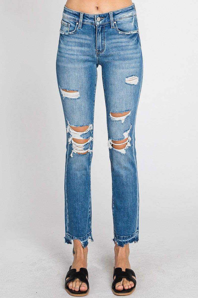 PETRA MID RISE SLIM STRAIGH DISTRESSED JEAN