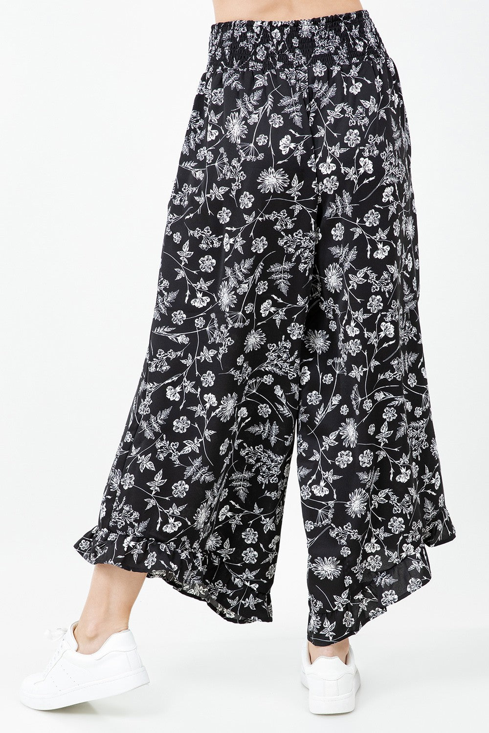 BLACK FLORAL SMOCKED WAIST RUFFLE HEM PANTS