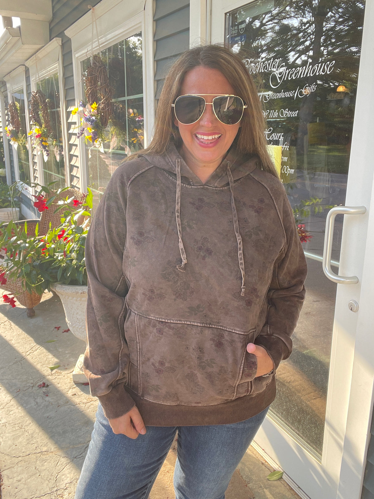 CHOCOLATE BROWN FLORAL MINERAL WASH HOODIE