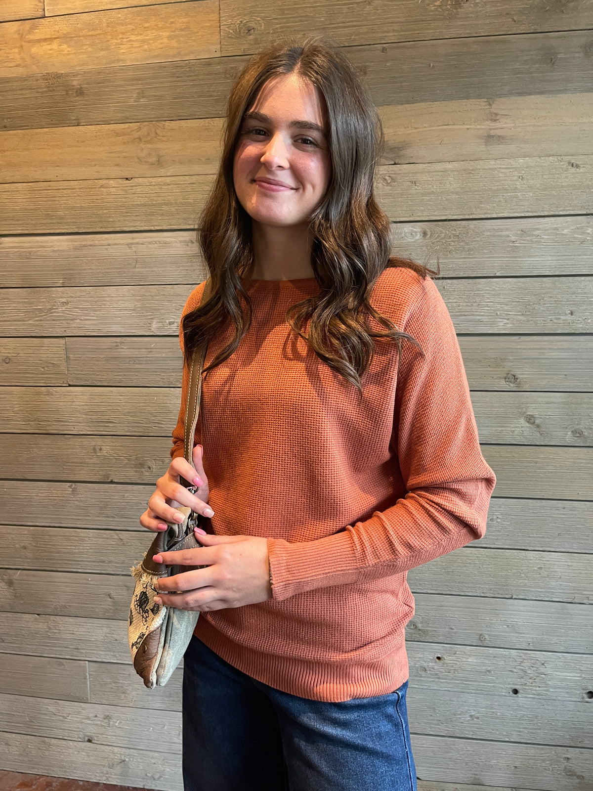 RUST Crew Neck Long Dolman Sleeve Mini Waffle Textured Sweater