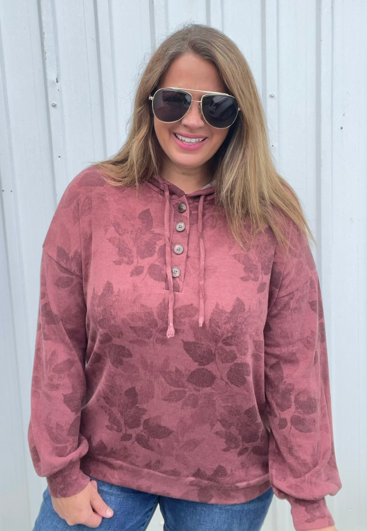 MARSALA Half Button, Long Sleeve, Floral Printed Drawstring Hoodie