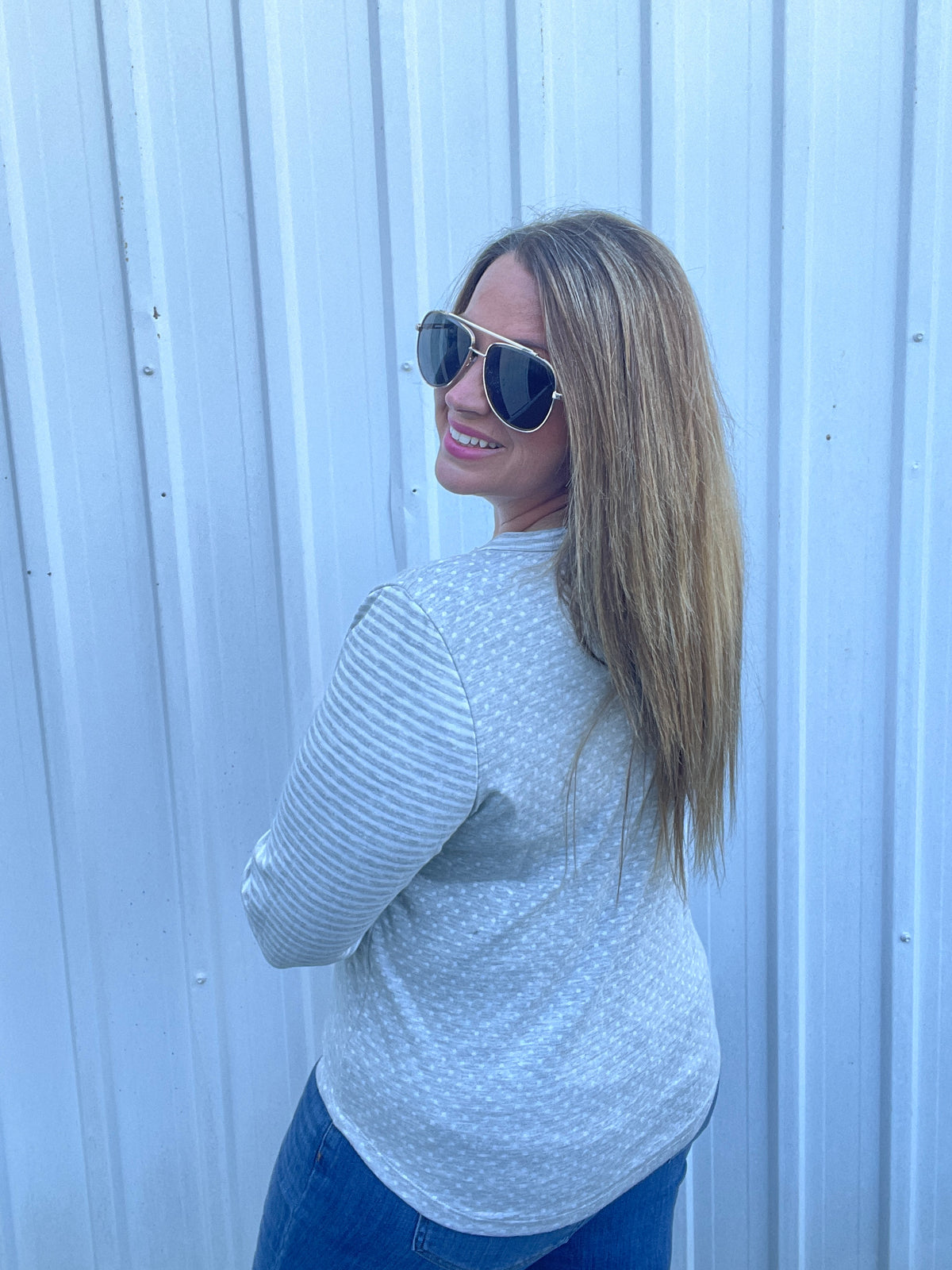 HEATHER GREY Crew NECK, Long Sleeve Polka Dot And Stripe Mixed Knit Top