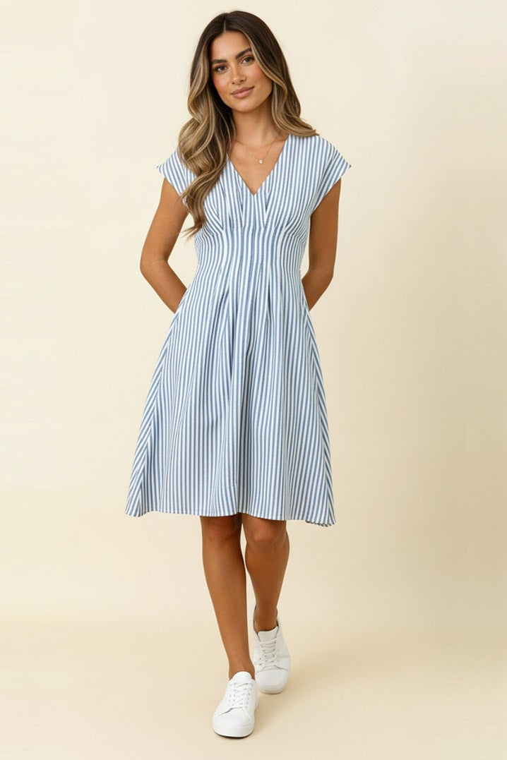 BLUE STRIPED V NECK PLEATED WOVEN DRESS W/ BACK SMOCKING