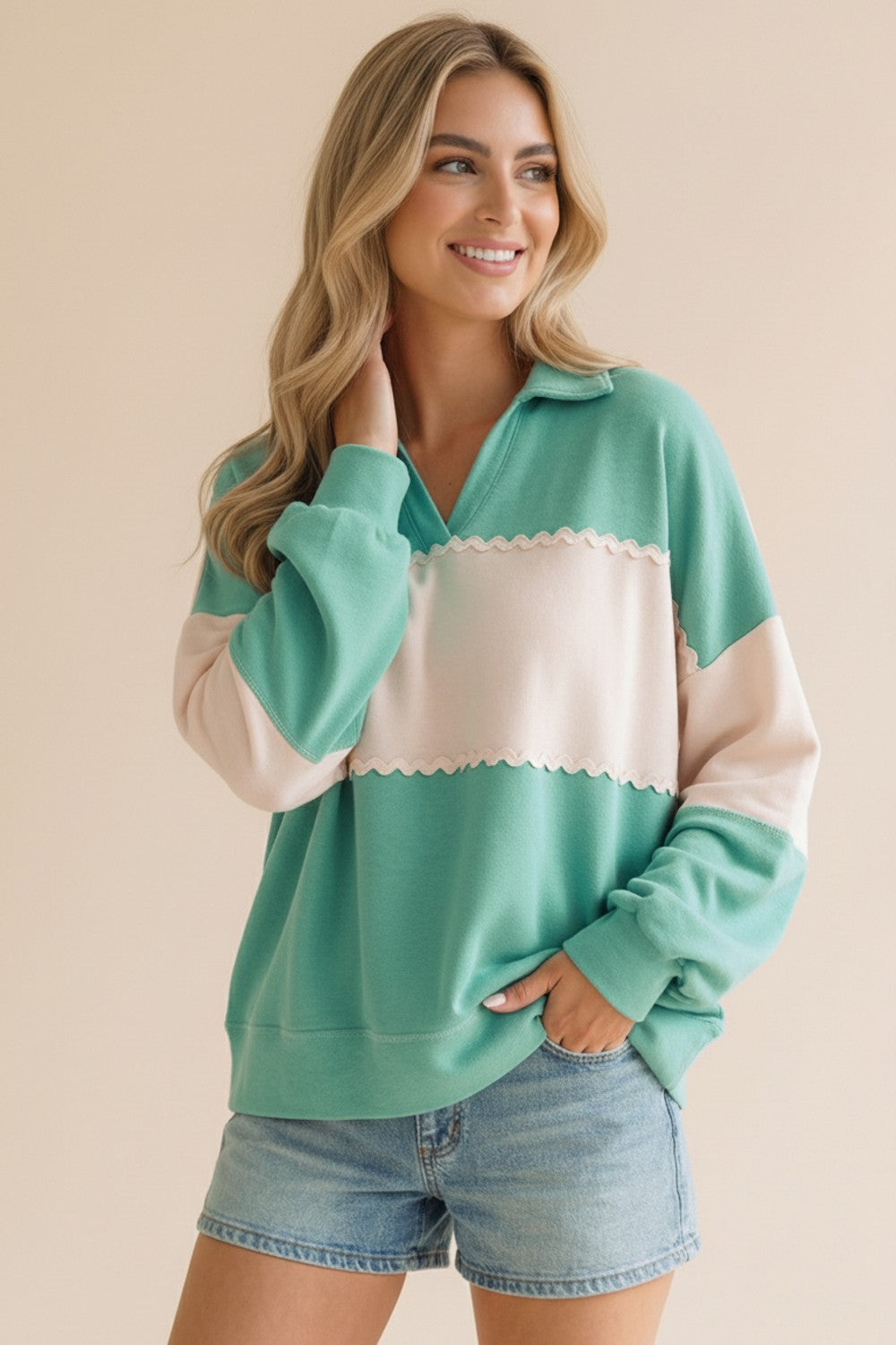 TEAL/OATMEAL COLORBLOCK LIGHT WEIGHT FRENCH TERRY TOP W/ RIC RAC TRIM