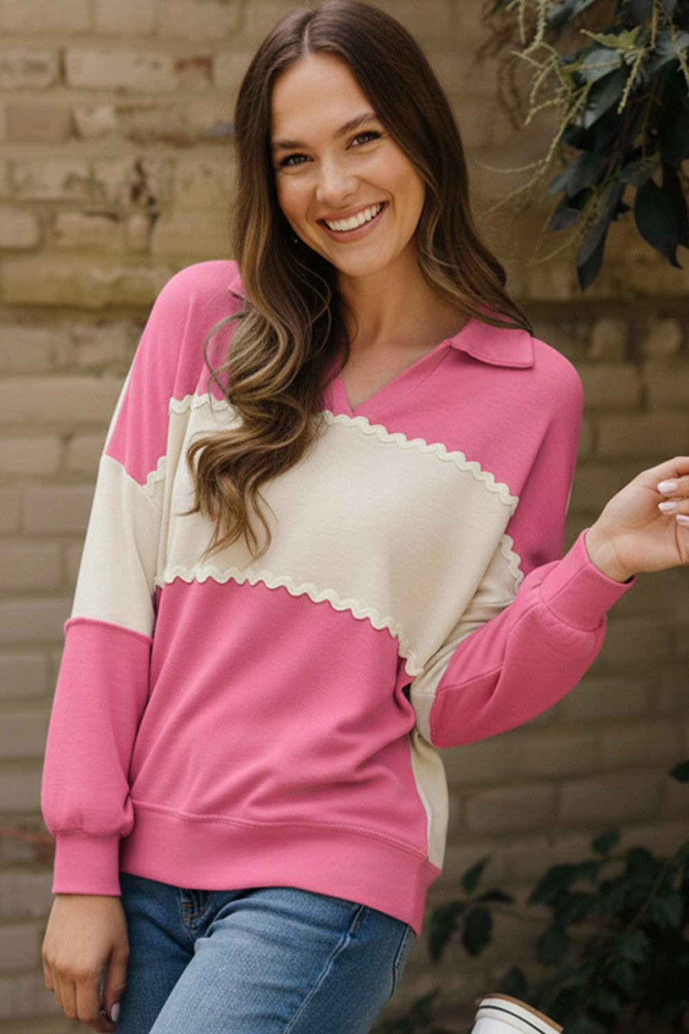 PINK COLORBLOCK LIGHT WEIGHT FRENCH TERRY TOP W/ RIC RAC TRIM