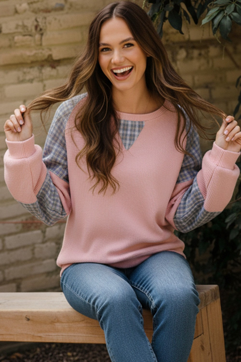 BLUSH/BLUE PLAID KNIT WAFFLE TEXTURE LONG SLEEVE KNIT TOP