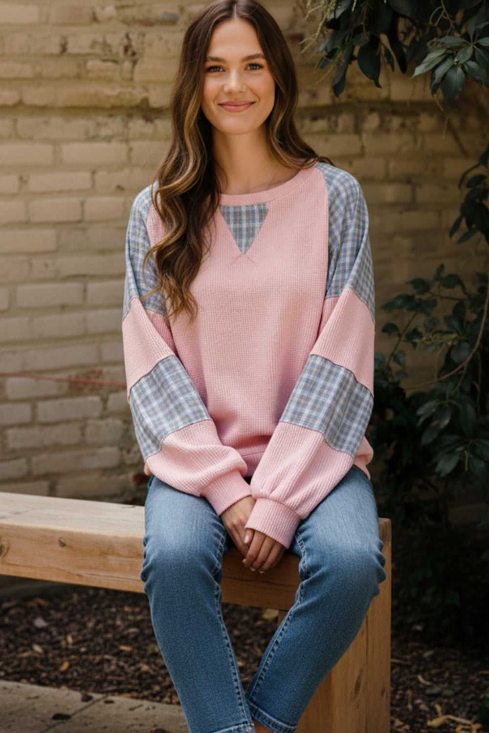 BLUSH/BLUE PLAID KNIT WAFFLE TEXTURE LONG SLEEVE KNIT TOP