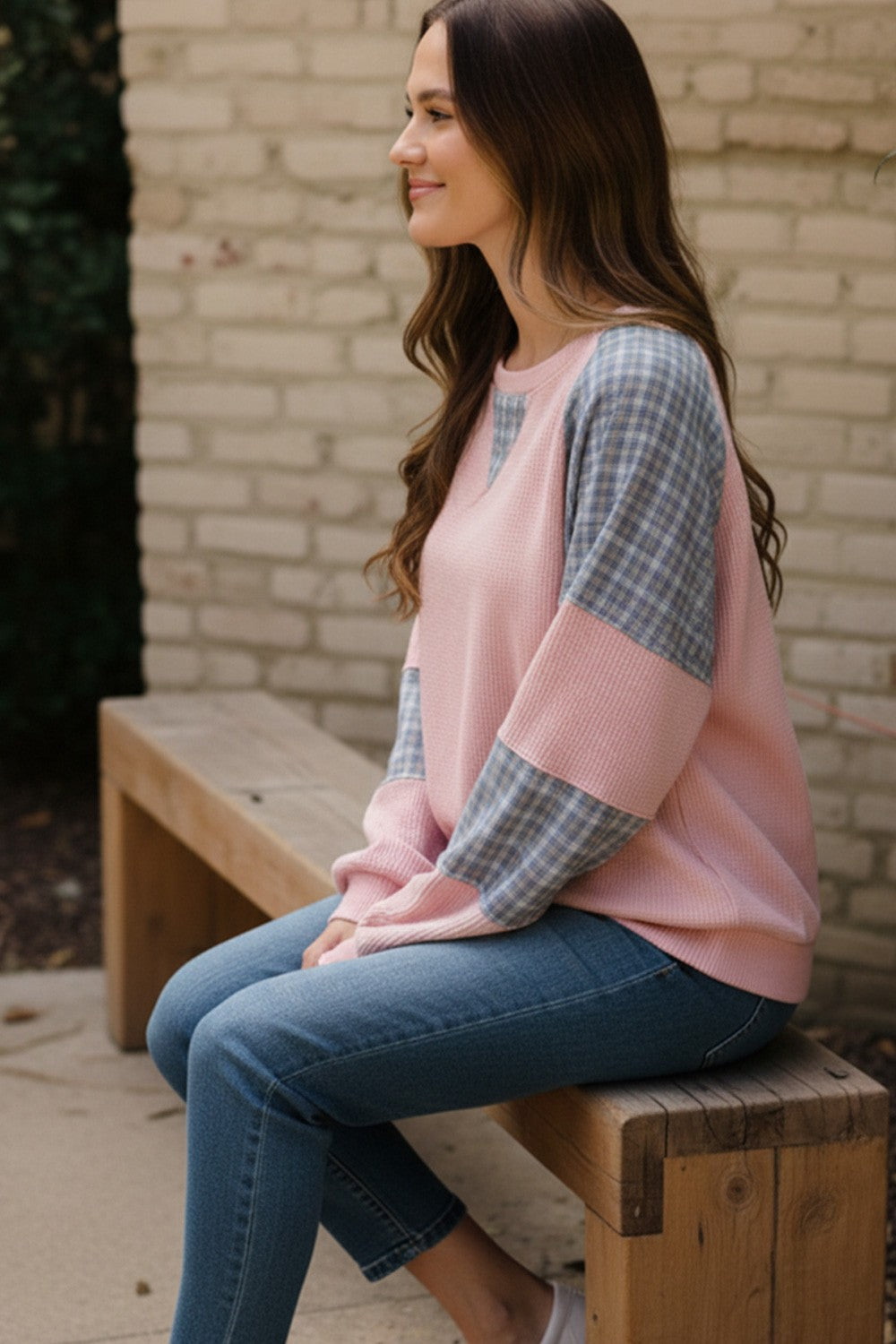 BLUSH/BLUE PLAID KNIT WAFFLE TEXTURE LONG SLEEVE KNIT TOP