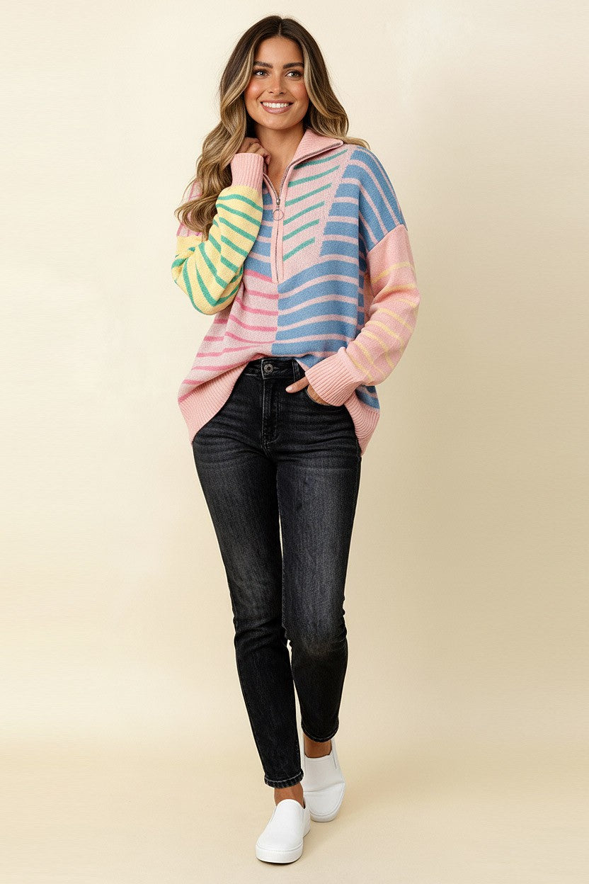 BLUSH/BLUE/YELLOW STRIPED CONTRAST QUARTER ZIP SWEATER