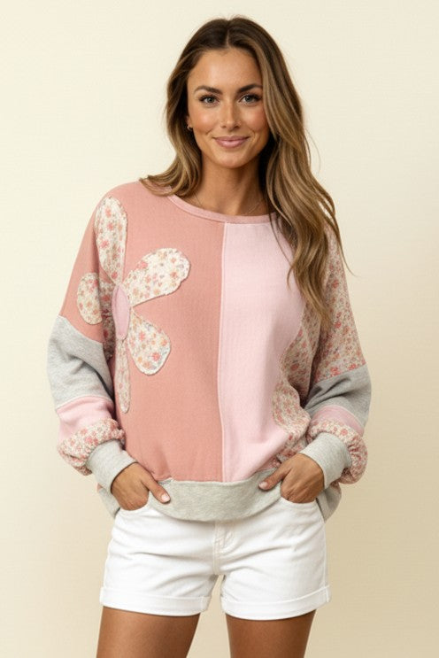 BLUSH/ROSE LARGE FLORAL CONTRAST OVERSIZED TOP