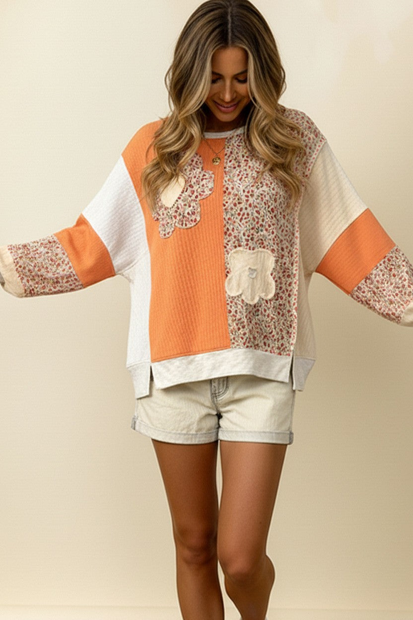 CREAM/ORANGE FLOWER PATCH KNIT COLORBLOCK TOP
