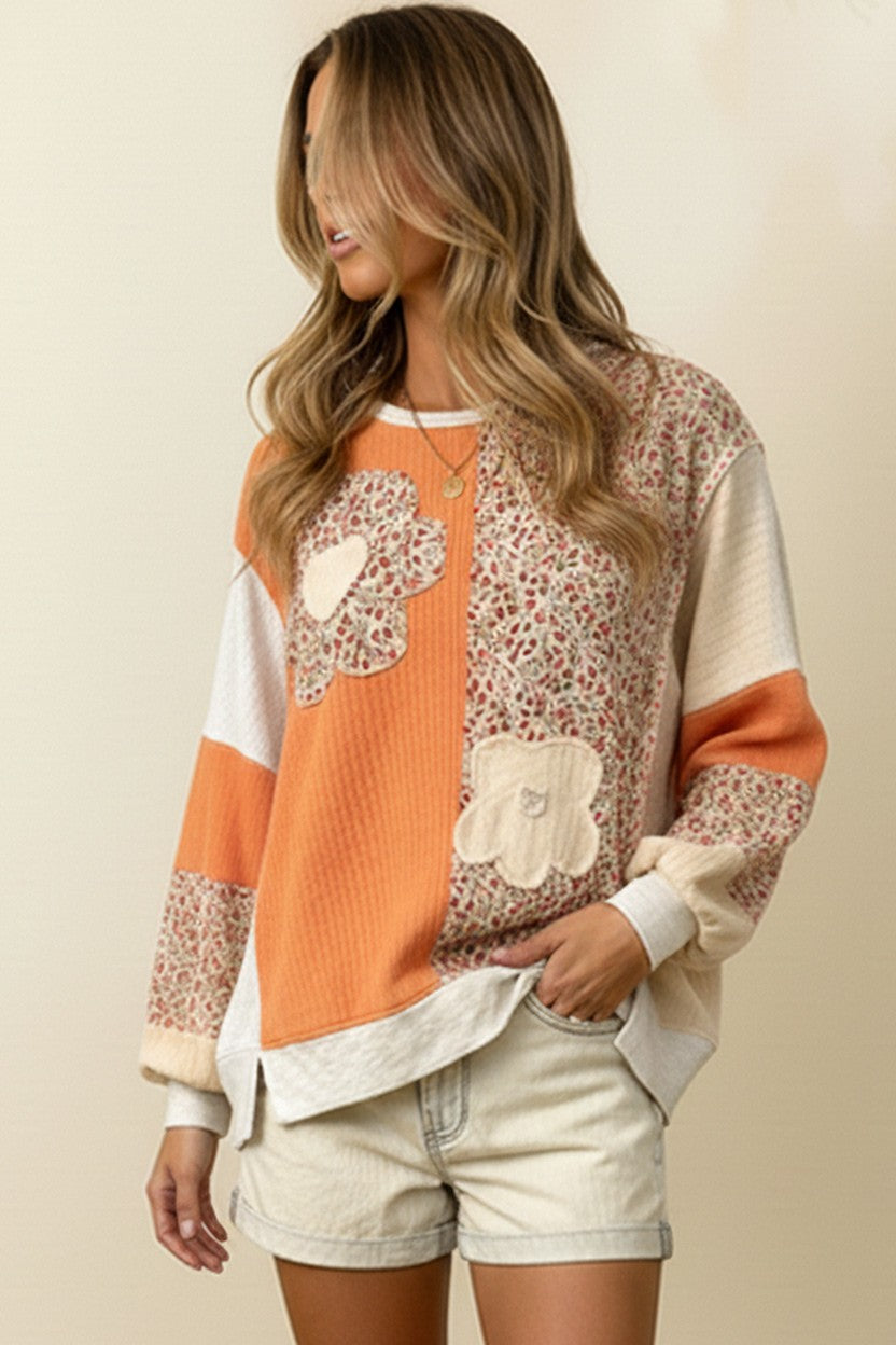 CREAM/ORANGE FLOWER PATCH KNIT COLORBLOCK TOP