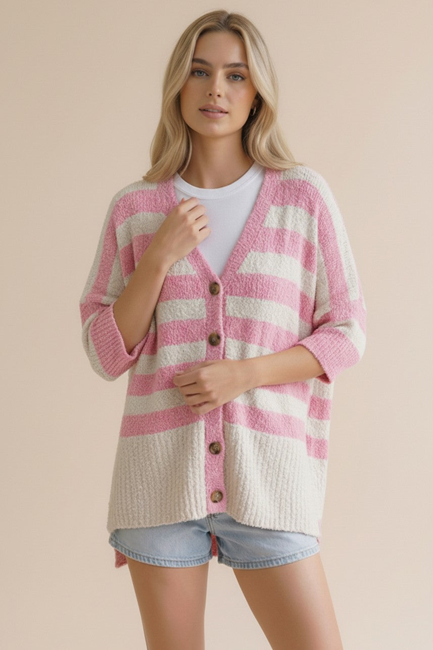 PINK/CREAM V NECK BUTTON DOWN OVERSIZED HALF SLEEVE KNIT CARDIGAN