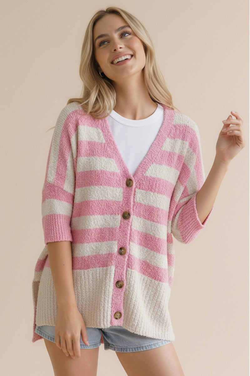 PINK/CREAM V NECK BUTTON DOWN OVERSIZED HALF SLEEVE KNIT CARDIGAN
