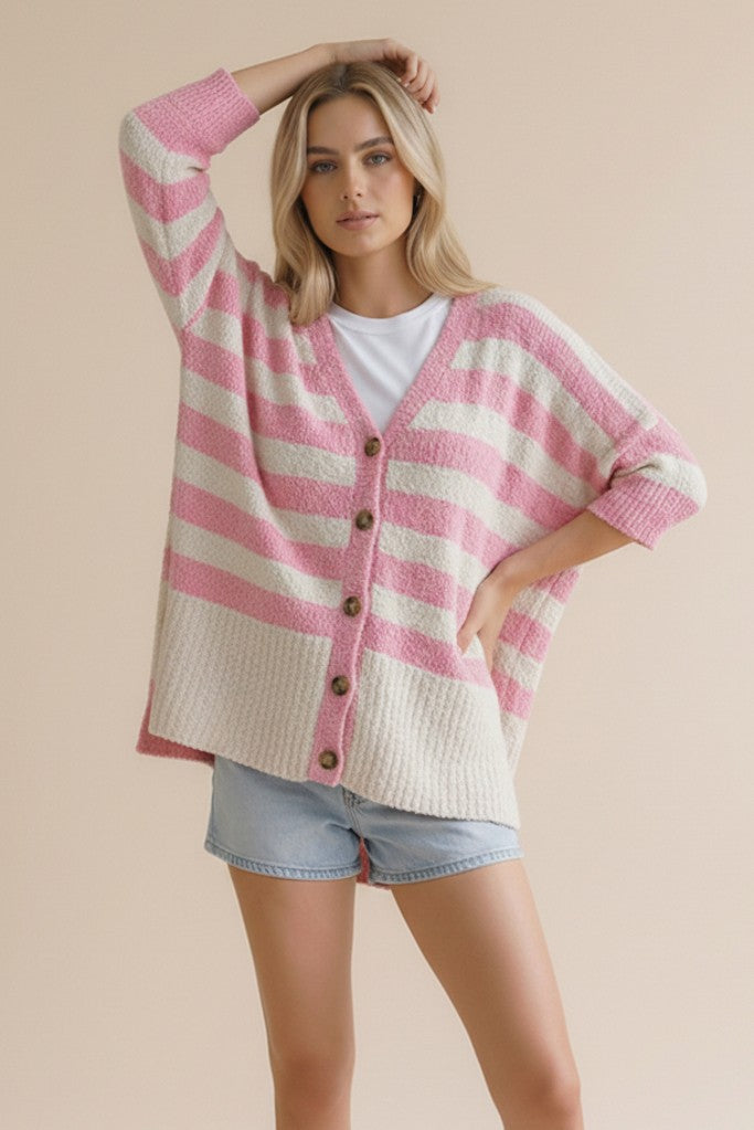 PINK/CREAM V NECK BUTTON DOWN OVERSIZED HALF SLEEVE KNIT CARDIGAN