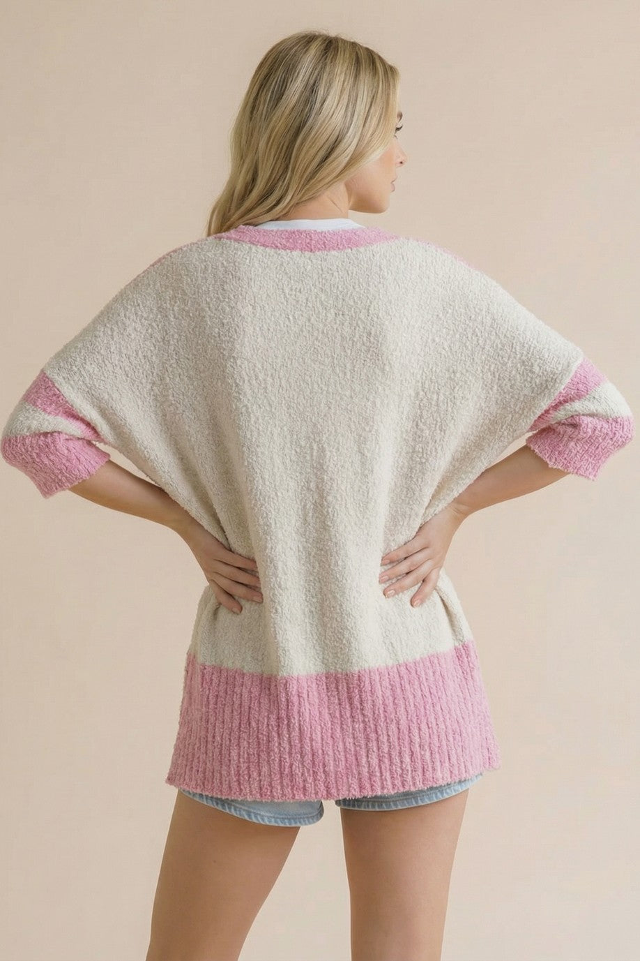 PINK/CREAM V NECK BUTTON DOWN OVERSIZED HALF SLEEVE KNIT CARDIGAN