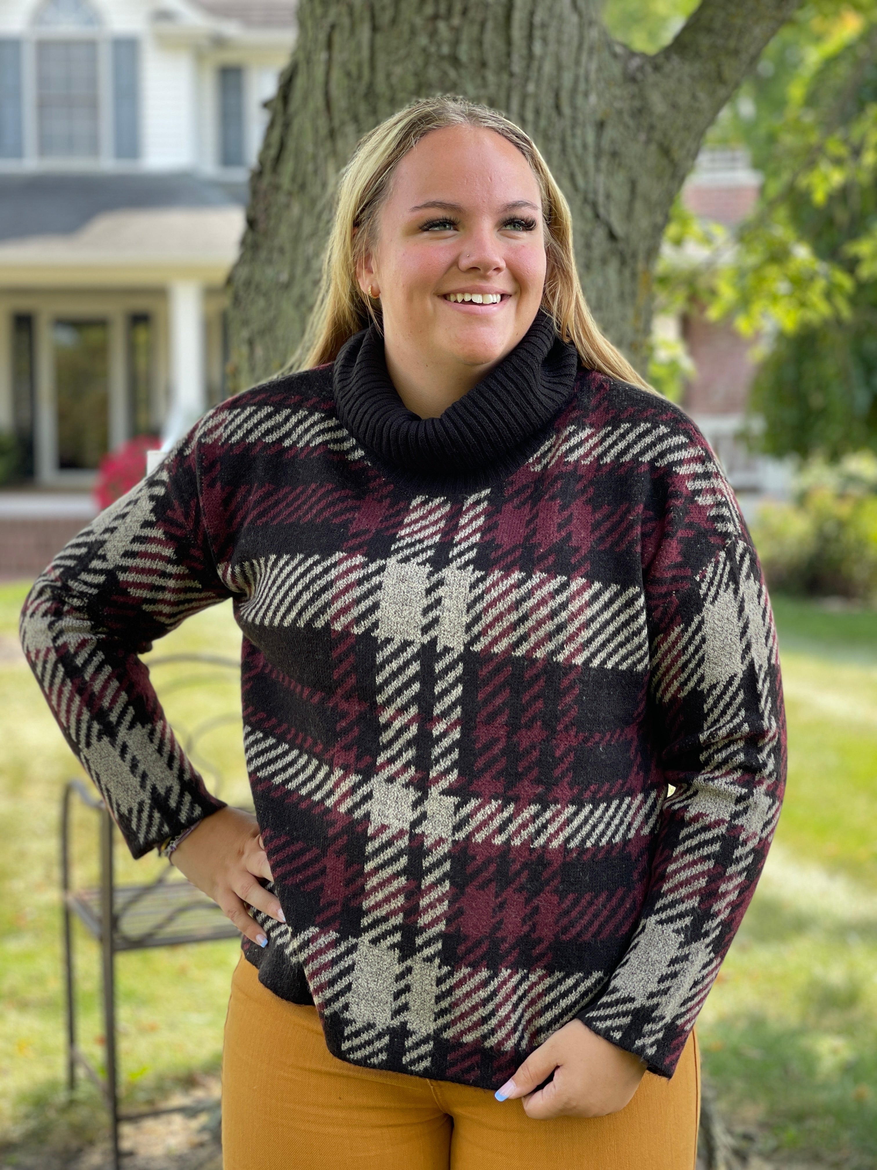 BLACK BURGUNDY PLAID COWL NECK PULLOVER SWEATER Brooch Boutique