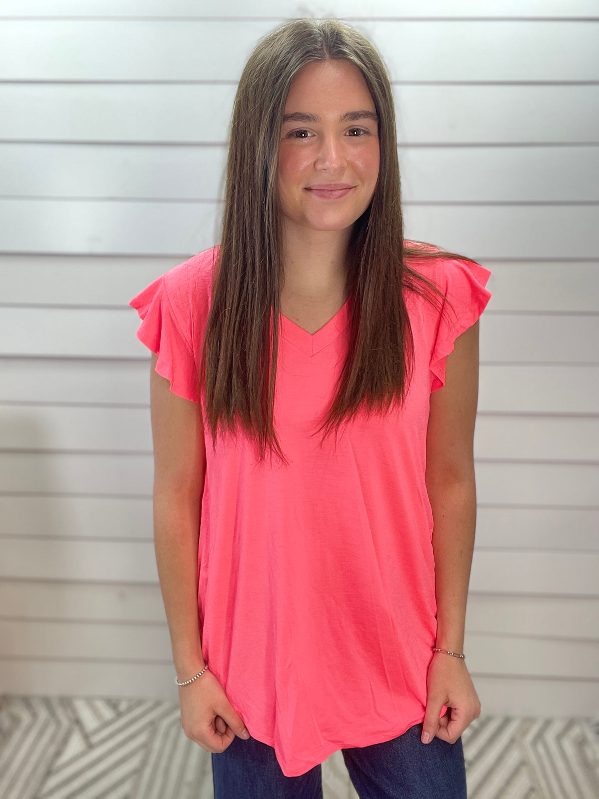 NEON PINK RUFFLE SLEEVE V NECK TOP