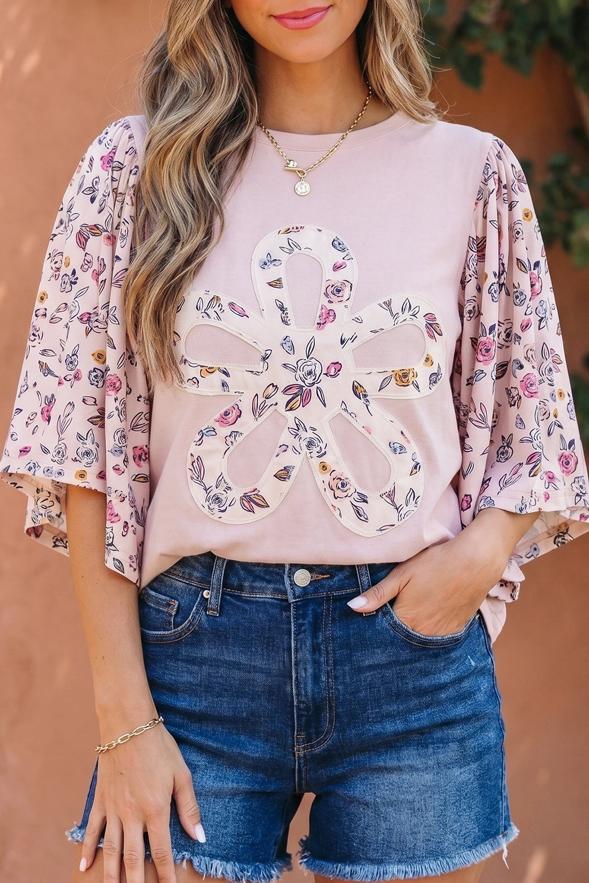 PINK FLORAL BIG SLEEVE KNIT TOP