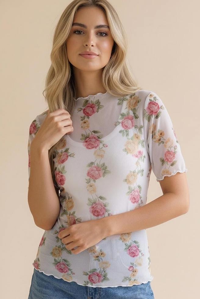 WHITE MESH FLORAL TOP