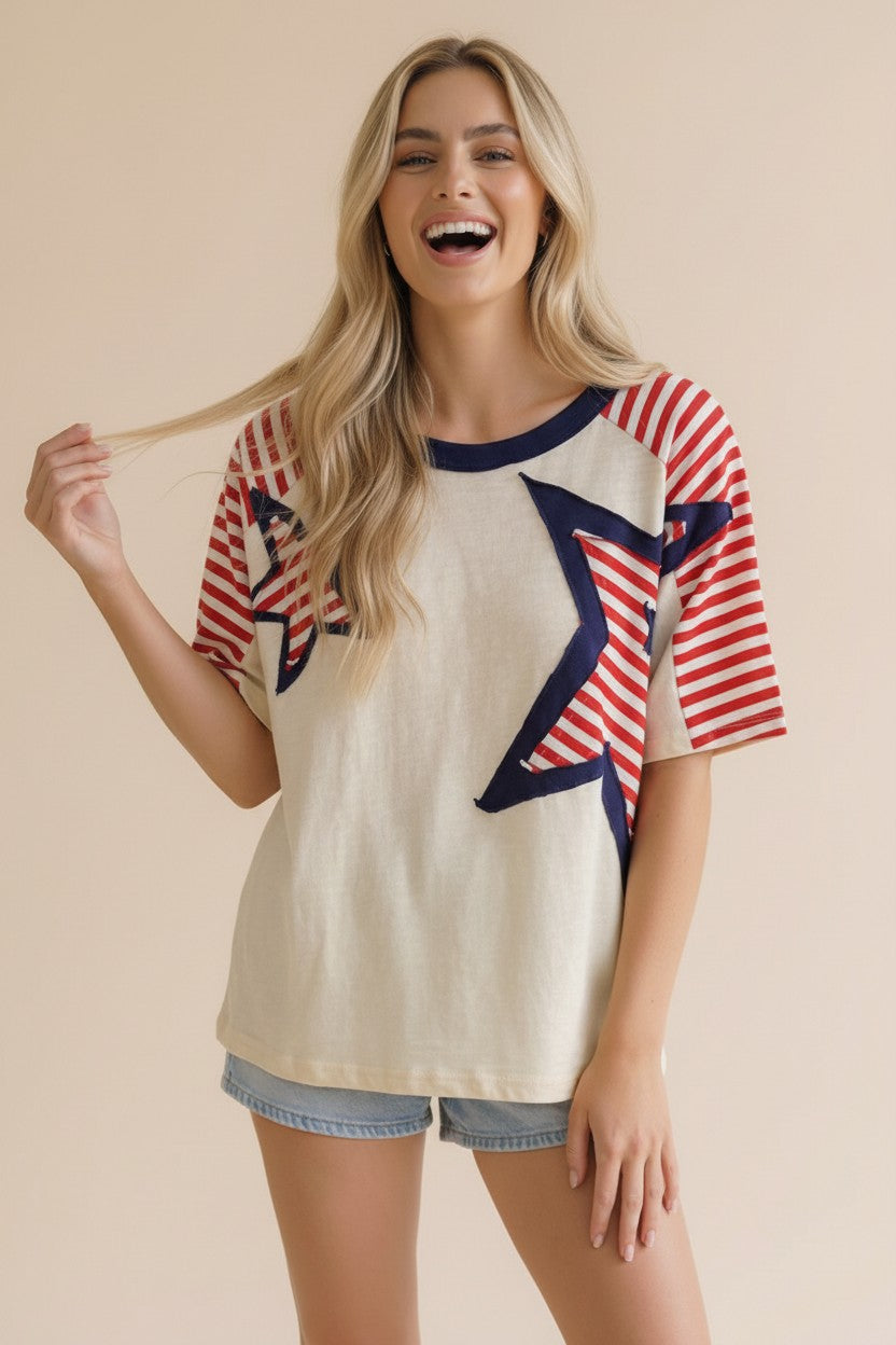 OATMEAL/RED/NAVY STAR/STRIPED KNIT TOP