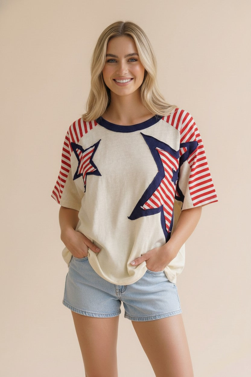 OATMEAL/RED/NAVY STAR/STRIPED KNIT TOP