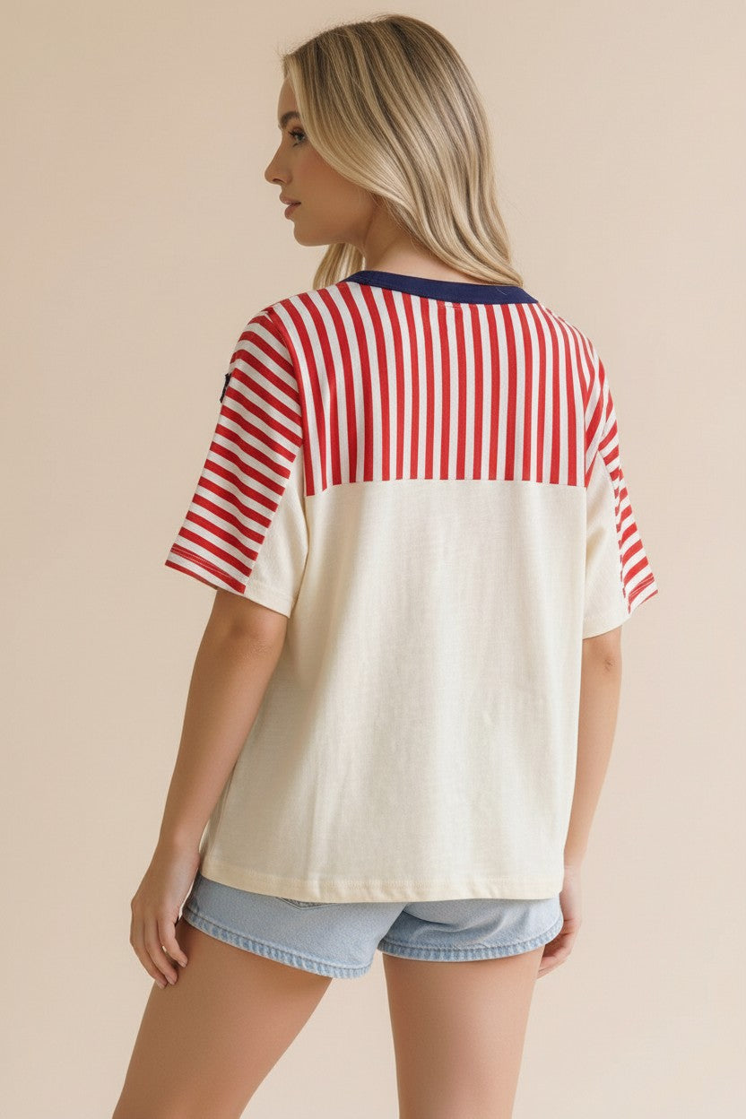 OATMEAL/RED/NAVY STAR/STRIPED KNIT TOP