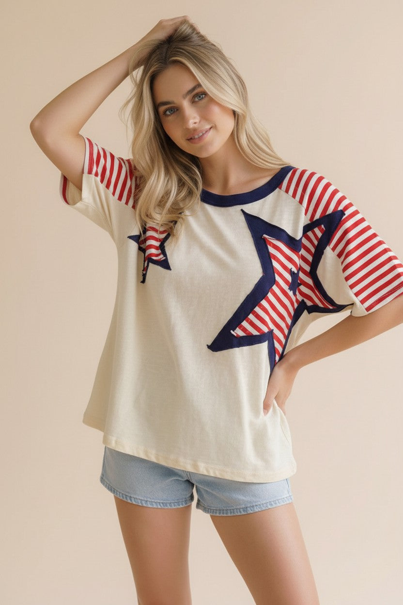 OATMEAL/RED/NAVY STAR/STRIPED KNIT TOP