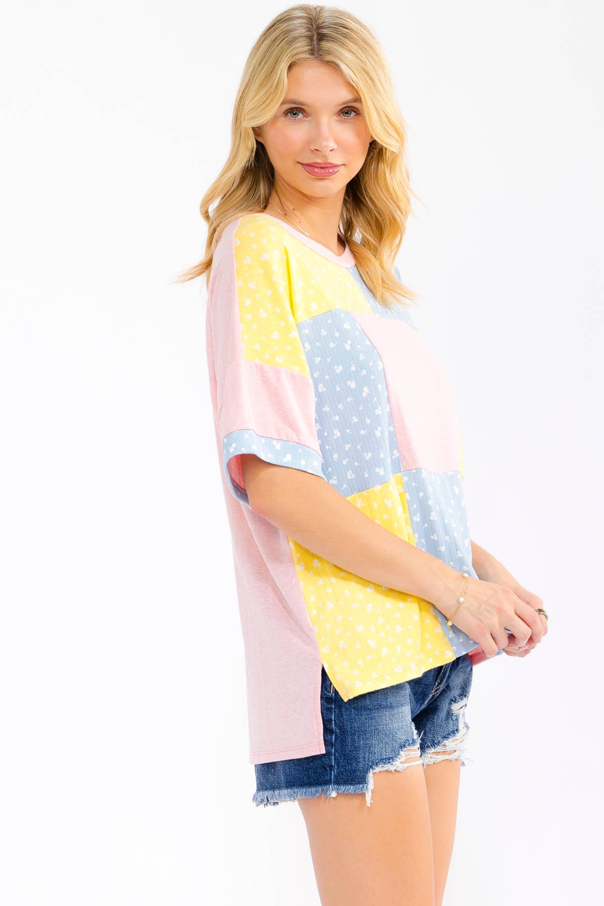 7th Ray - Floral Patchwork Short Sleeve Top T6303: Aqua / S
