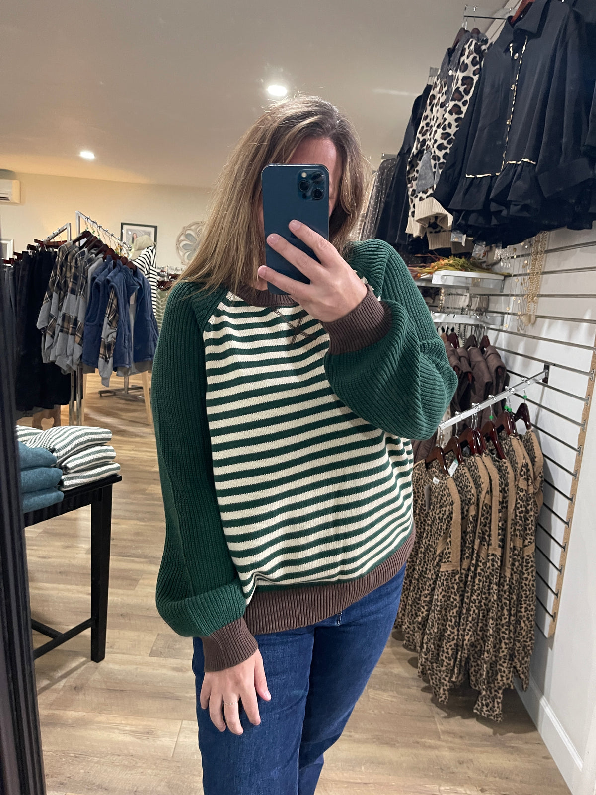 HUNTER GREEN Striped Colorblock Raglan Long Sleeve Crew Sweater