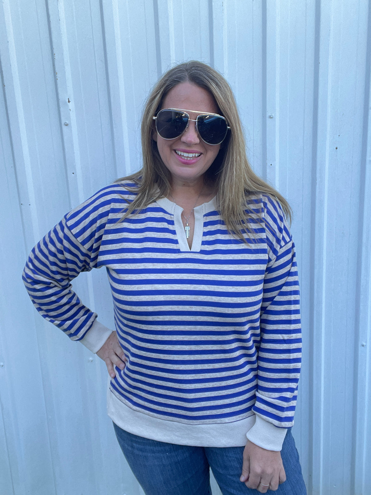 BLUE/OATMEAL Notch Neck Long Sleeve Stripe Top