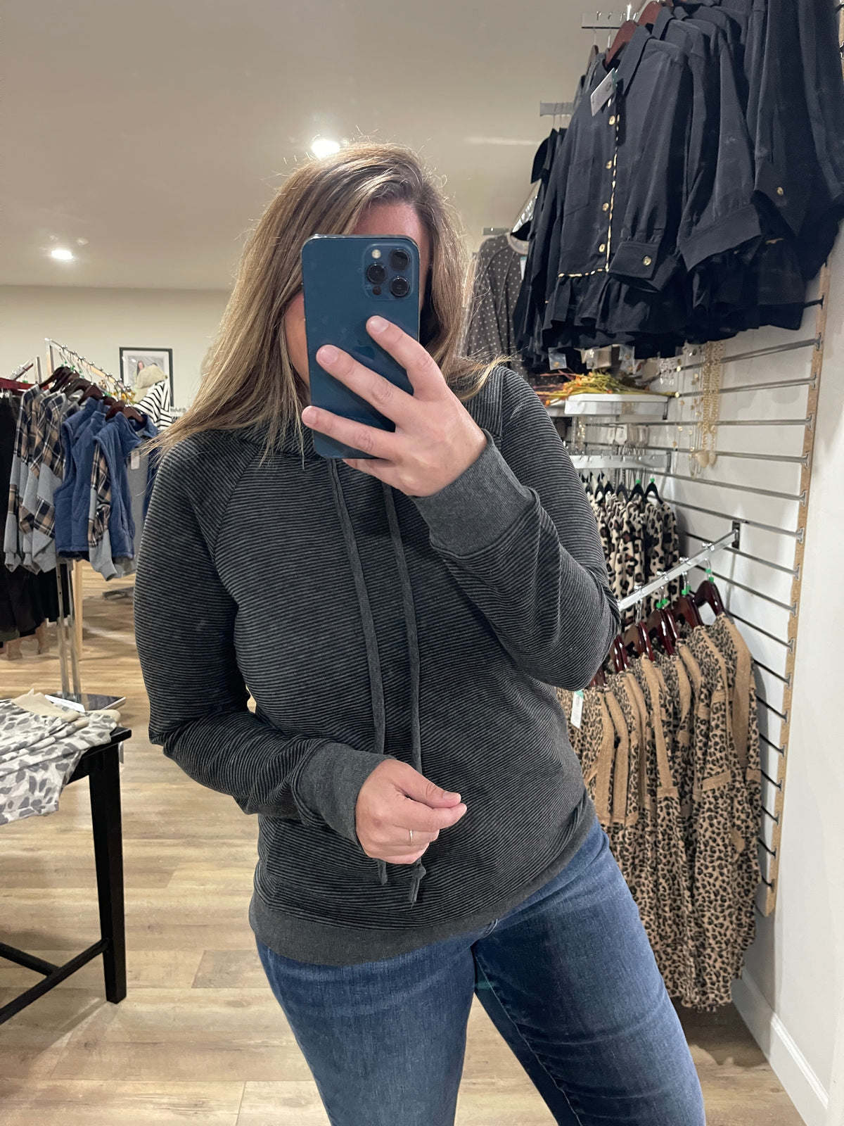 BLACK Long Sleeve Drawstring Pinstriped Hoodie Top