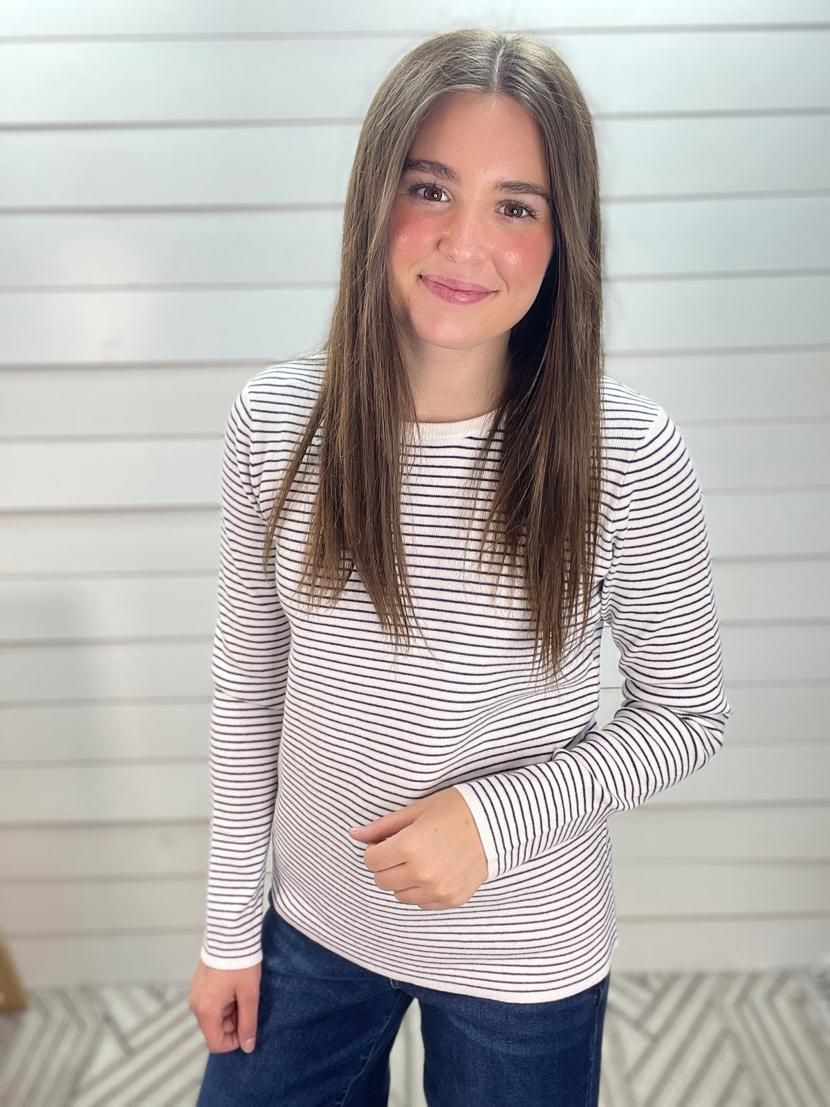 IVORY/NAVY Long Sleeve Basic Crew Neck Pinstriped Sweater