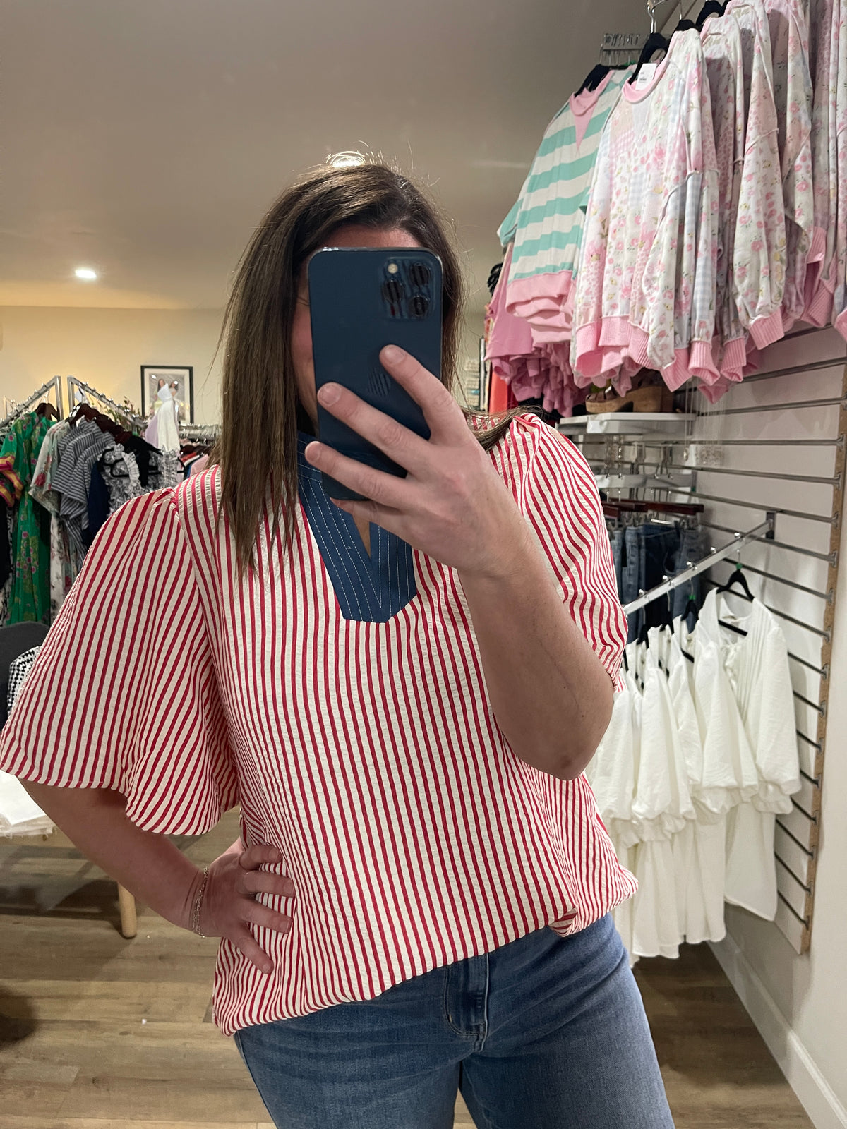 RED PIN STRIPED TEXTURE WOVEN TOP W/ DENIM TRIM
