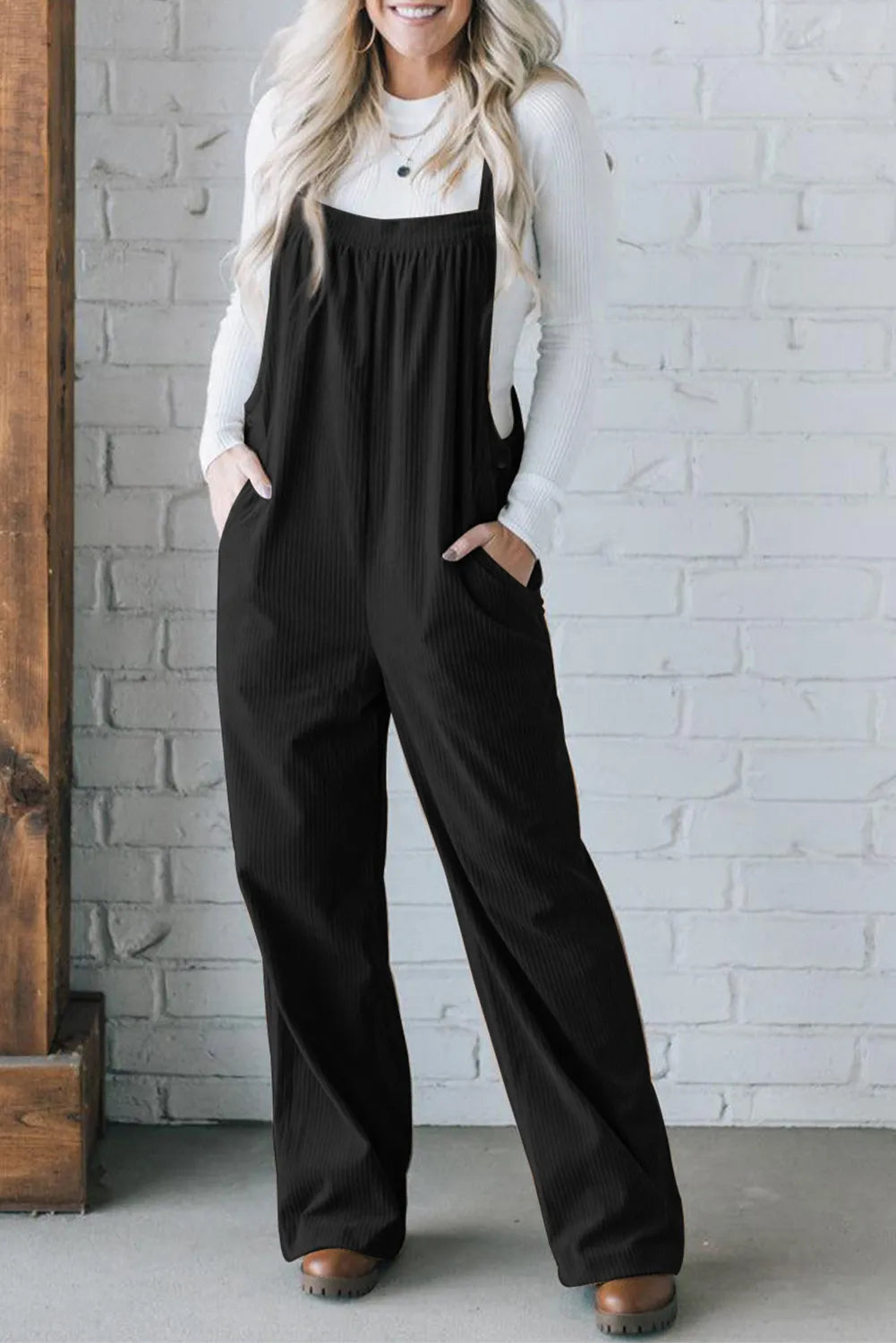 BLACK CORDUROY LOOSE FIT OVERALL