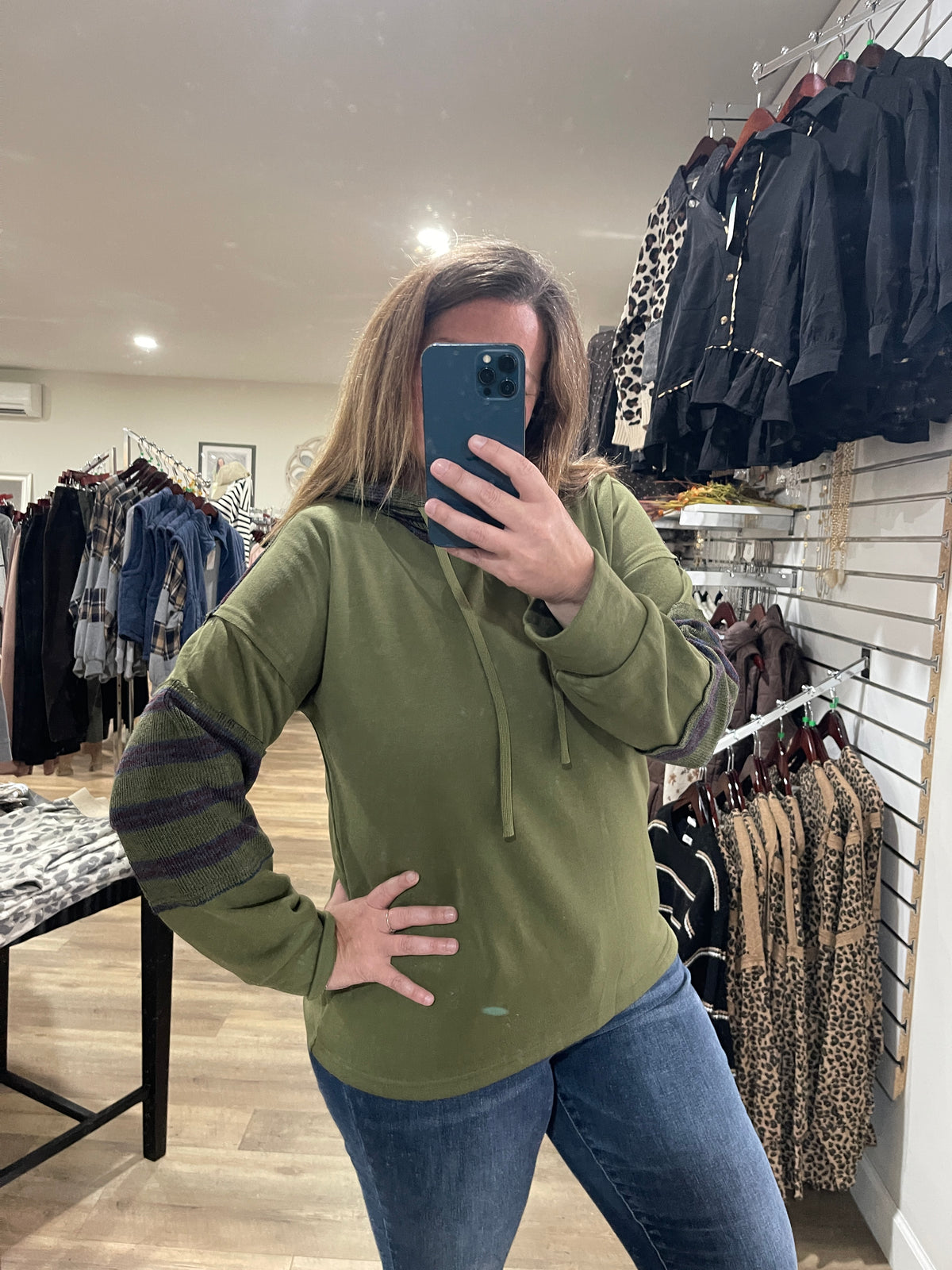 OLIVE Raw Edge Detail, Drawstring Hood, French Terry PULLOVER
