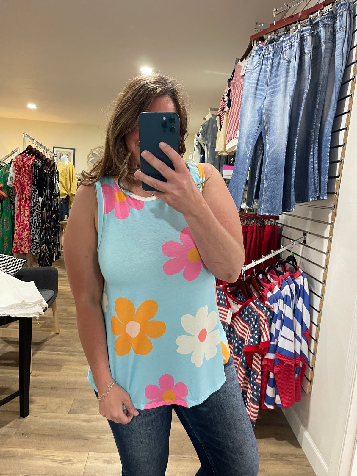 BLUE RETRO FLORAL TANK TOP