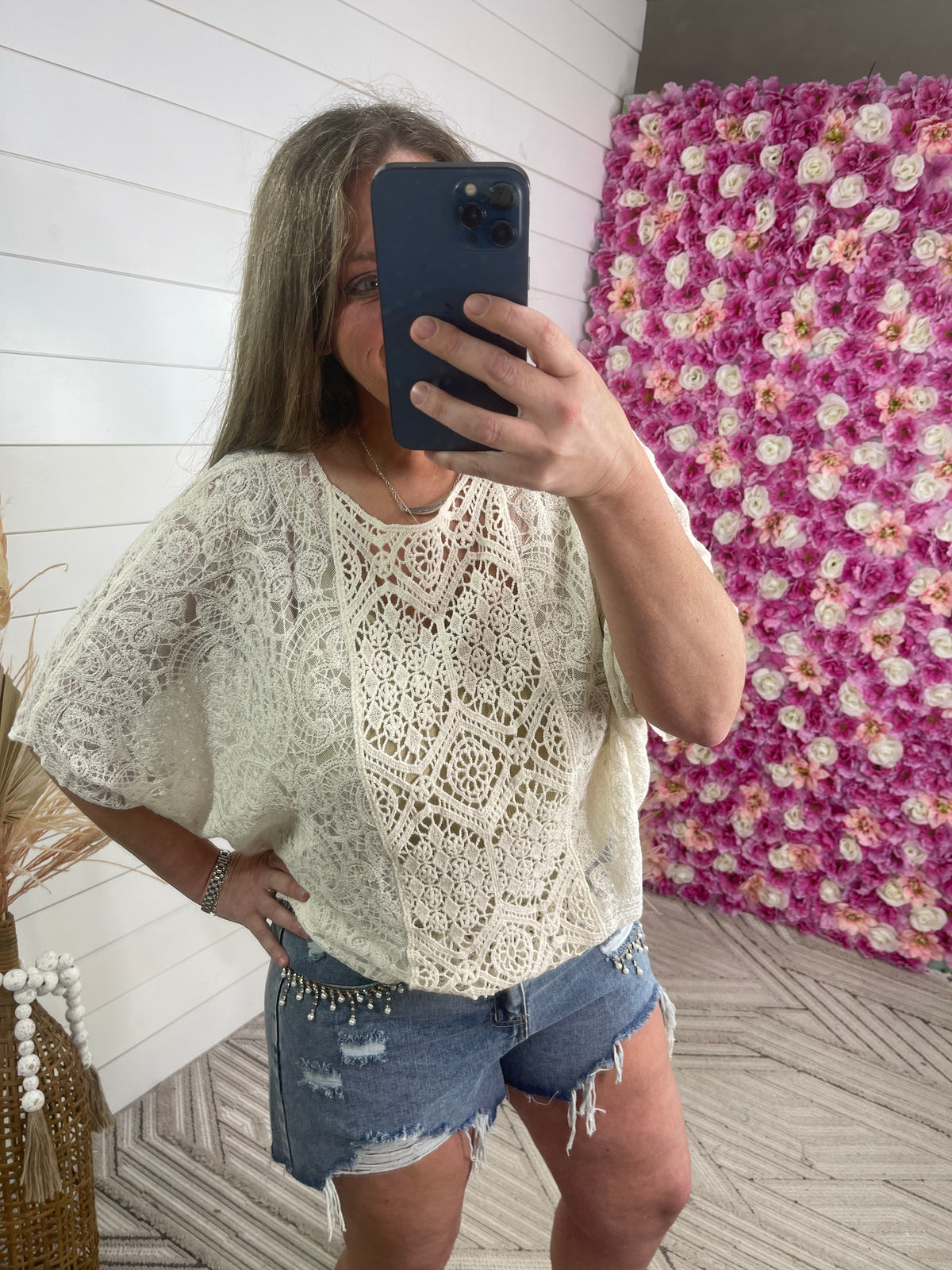 BEIGE ALL OVER LACE DOLMAN TOP